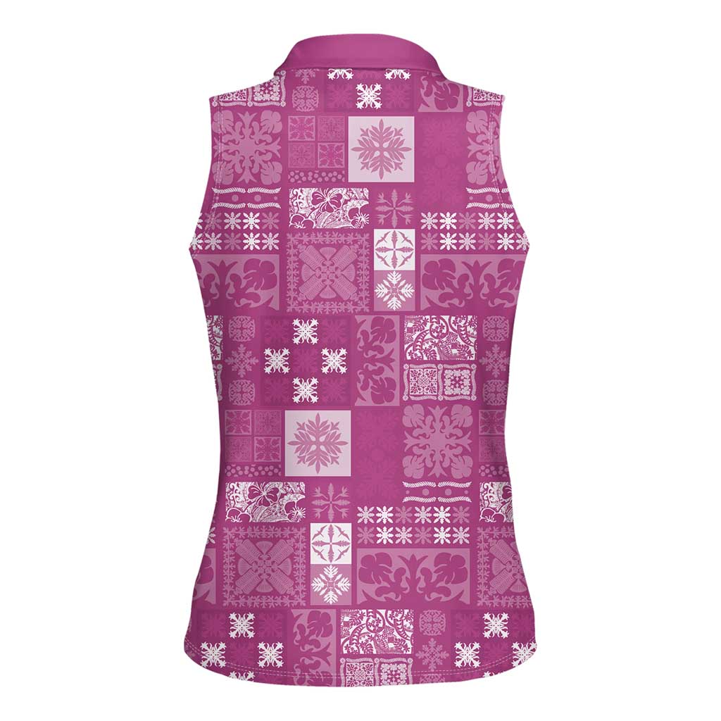 Vintage Hawaiian Quilting Patterns Women Sleeveless Polo Shirt Pink Style Tribal Fabric Patchwork - Polynesian Pride