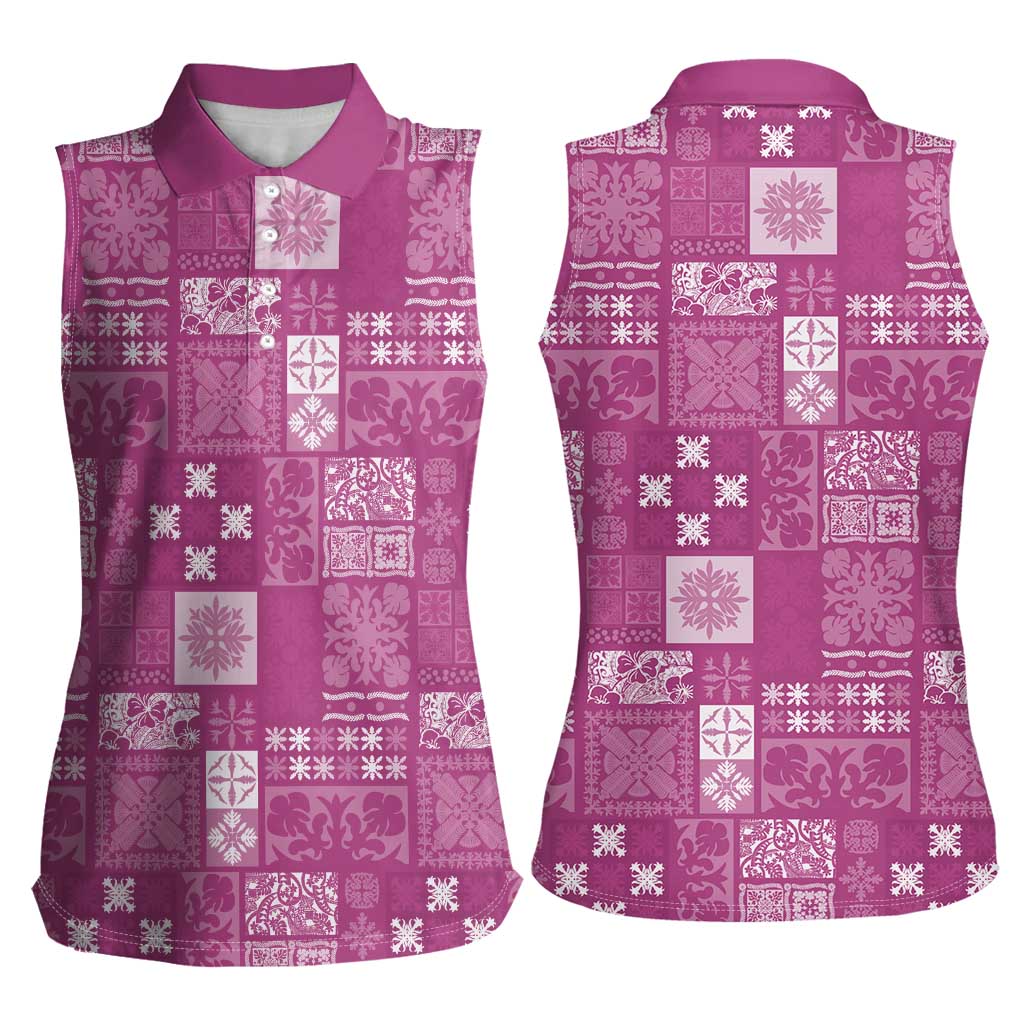 Vintage Hawaiian Quilting Patterns Women Sleeveless Polo Shirt Pink Style Tribal Fabric Patchwork - Polynesian Pride