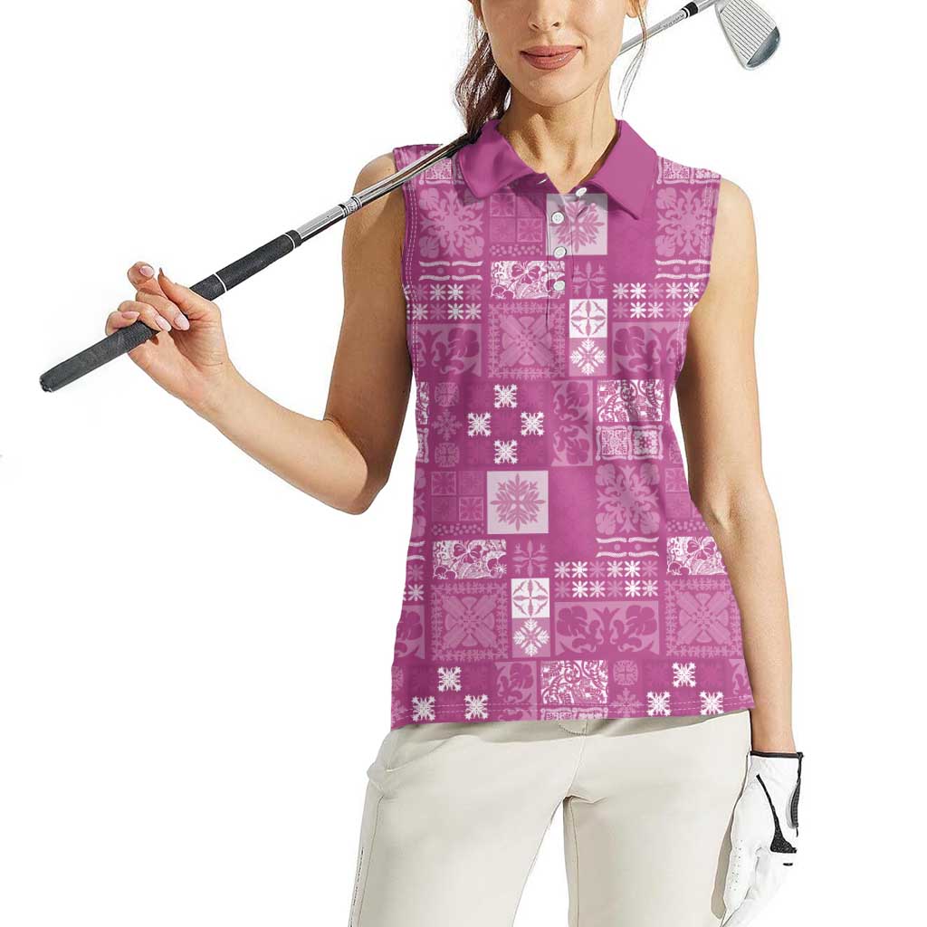 Vintage Hawaiian Quilting Patterns Women Sleeveless Polo Shirt Pink Style Tribal Fabric Patchwork - Polynesian Pride