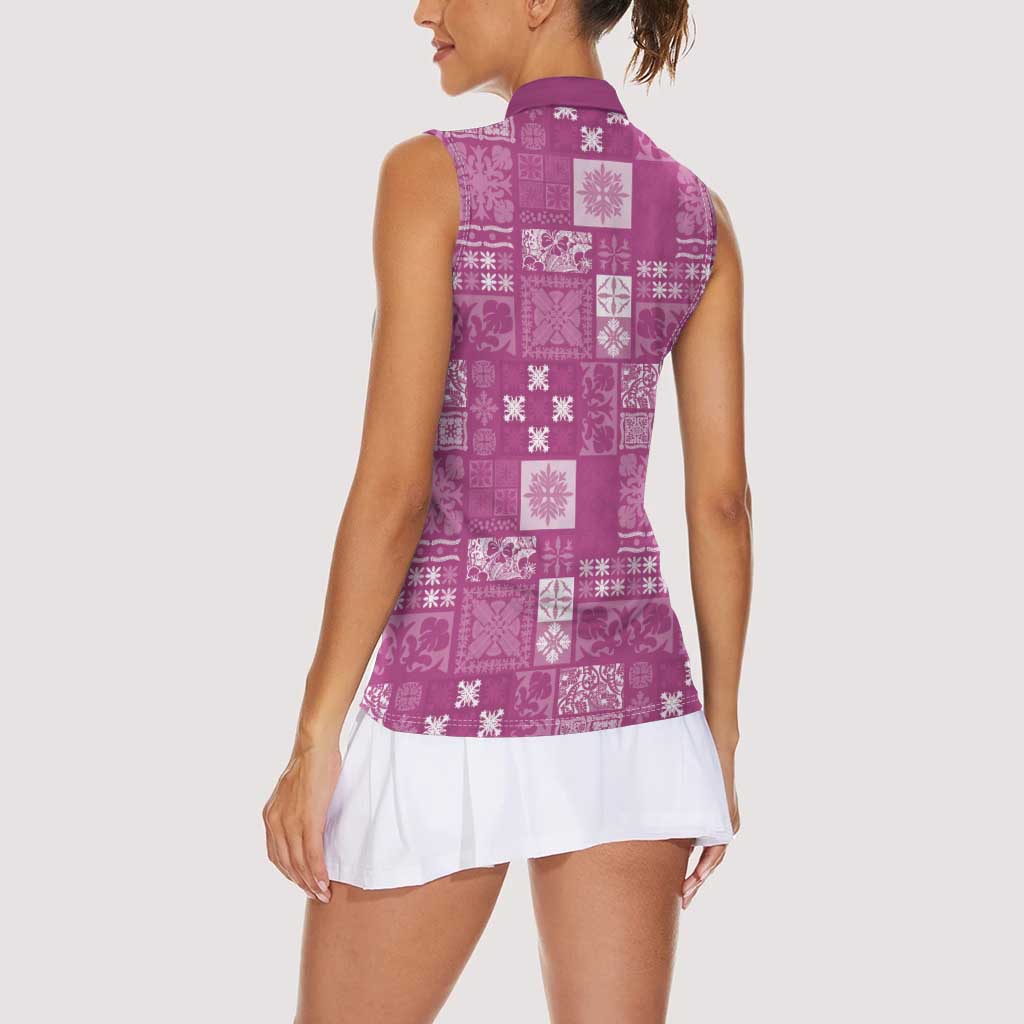 Vintage Hawaiian Quilting Patterns Women Sleeveless Polo Shirt Pink Style Tribal Fabric Patchwork - Polynesian Pride