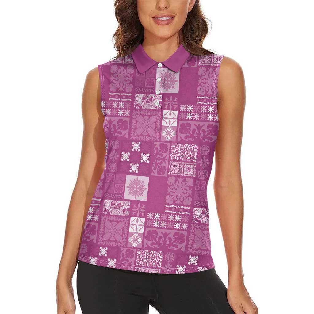 Vintage Hawaiian Quilting Patterns Women Sleeveless Polo Shirt Pink Style Tribal Fabric Patchwork - Polynesian Pride
