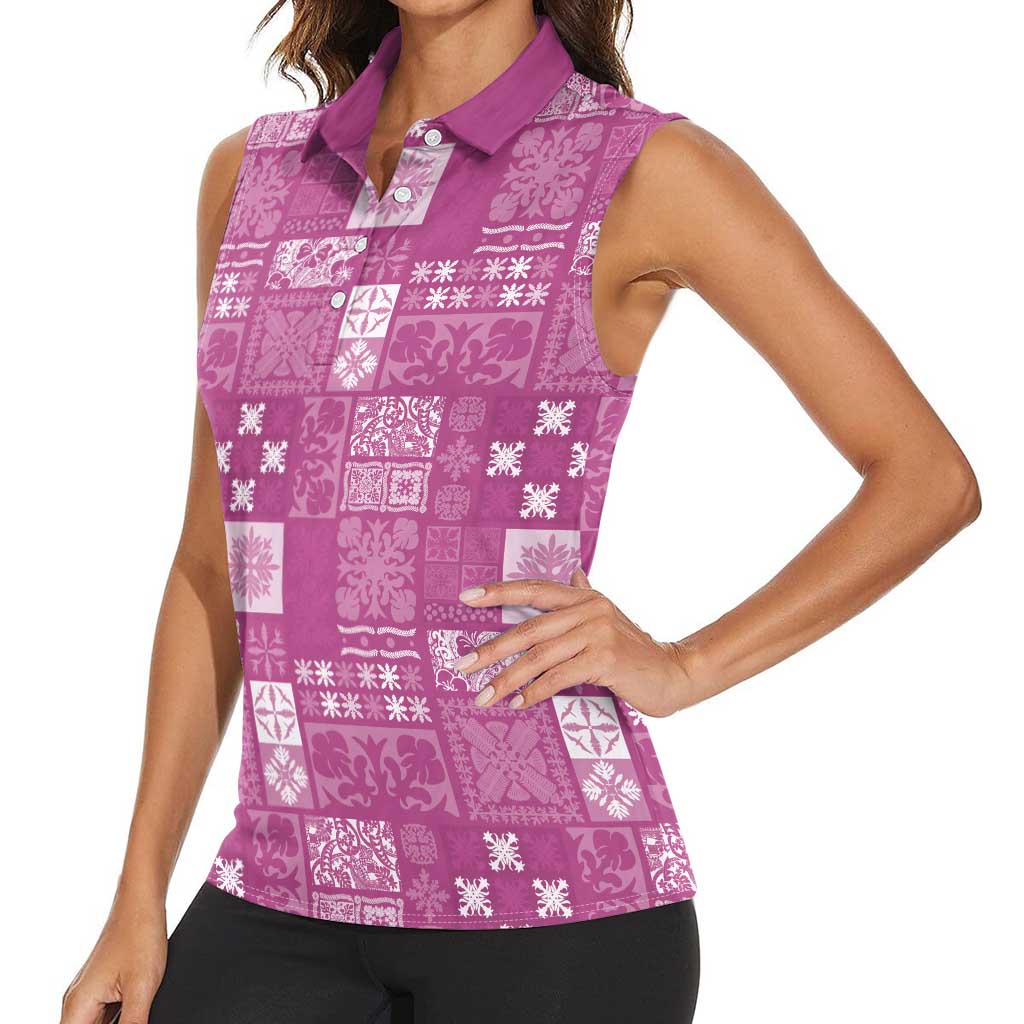 Vintage Hawaiian Quilting Patterns Women Sleeveless Polo Shirt Pink Style Tribal Fabric Patchwork - Polynesian Pride