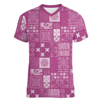 Vintage Hawaiian Quilting Patterns Women V-Neck T-Shirt Pink Style Tribal Fabric Patchwork - Polynesian Pride