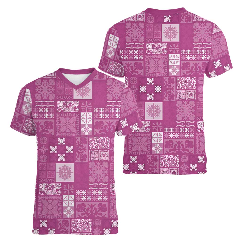 Vintage Hawaiian Quilting Patterns Women V-Neck T-Shirt Pink Style Tribal Fabric Patchwork - Polynesian Pride