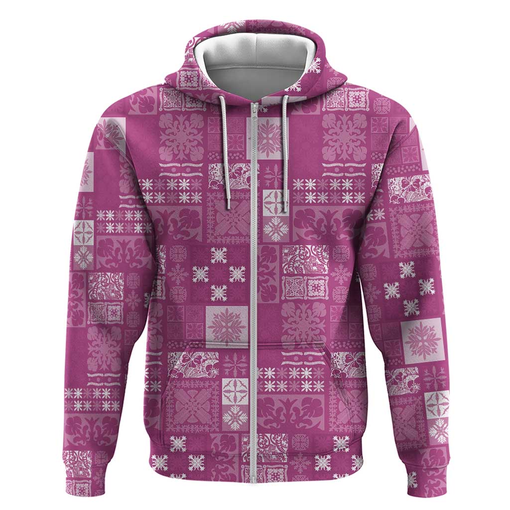 Vintage Hawaiian Quilting Patterns Zip Hoodie Pink Style Tribal Fabric Patchwork - Polynesian Pride