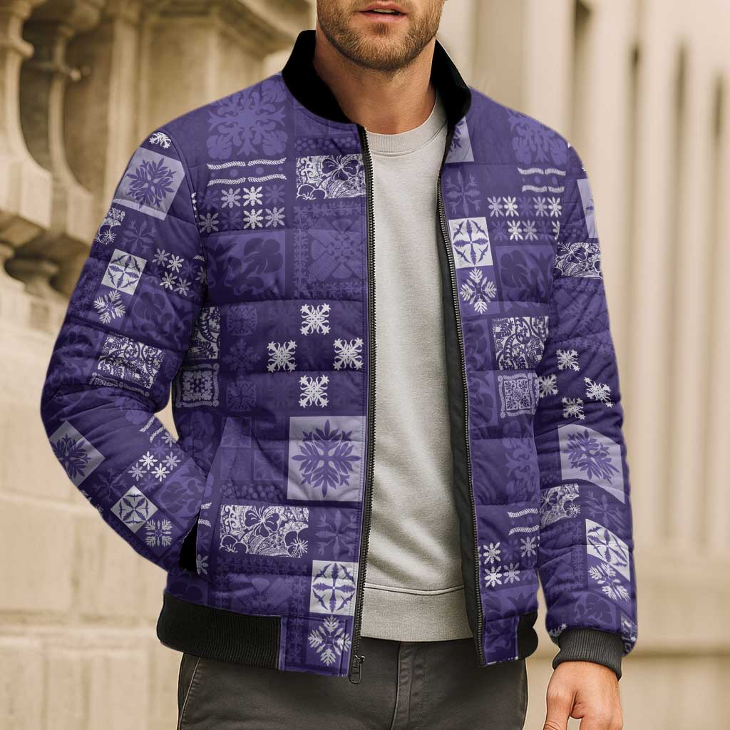 Vintage Hawaiian Quilting Patterns Bomber Puffer Jacket Purple Style Tribal Fabric Patchwork - Polynesian Pride