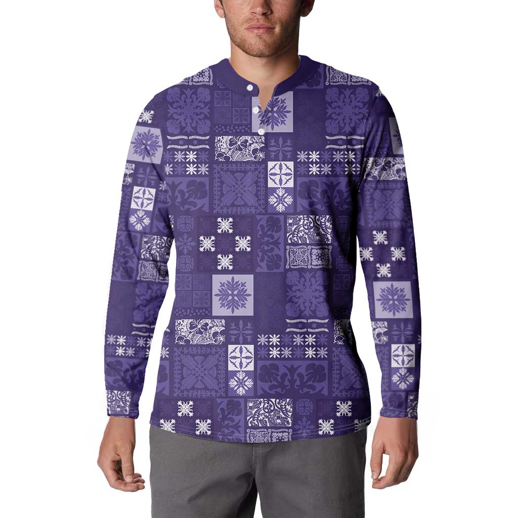 Vintage Hawaiian Quilting Patterns Button Sweatshirt Purple Style Tribal Fabric Patchwork - Polynesian Pride