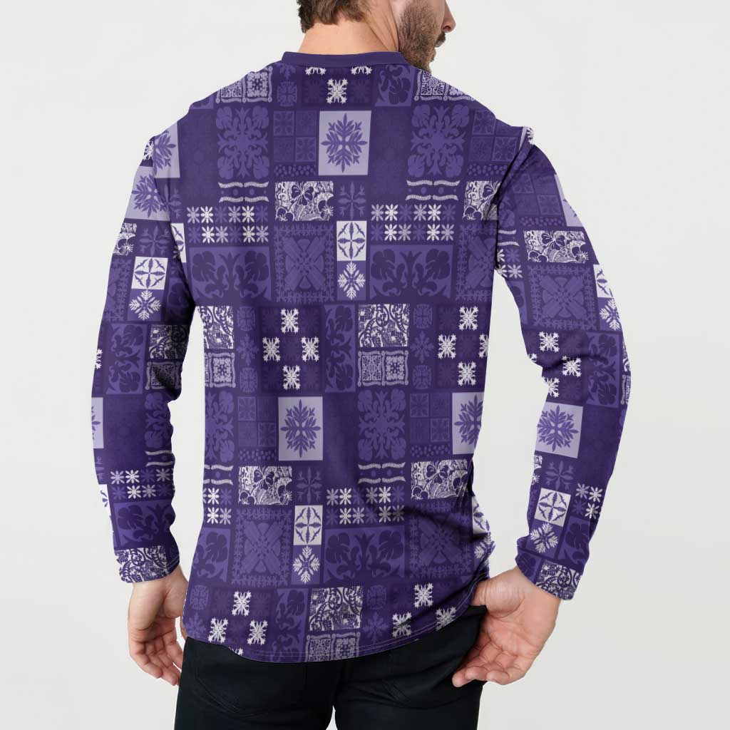Vintage Hawaiian Quilting Patterns Button Sweatshirt Purple Style Tribal Fabric Patchwork - Polynesian Pride