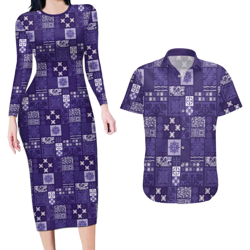 Vintage Hawaiian Quilting Patterns Couples Matching Long Sleeve Bodycon Dress and Hawaiian Shirt Purple Style Tribal Fabric Patchwork - Polynesian Pride