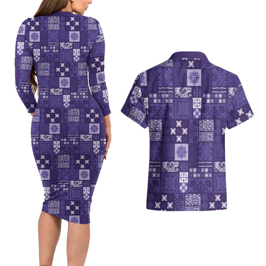 Vintage Hawaiian Quilting Patterns Couples Matching Long Sleeve Bodycon Dress and Hawaiian Shirt Purple Style Tribal Fabric Patchwork - Polynesian Pride