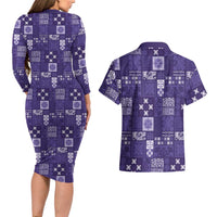 Vintage Hawaiian Quilting Patterns Couples Matching Long Sleeve Bodycon Dress and Hawaiian Shirt Purple Style Tribal Fabric Patchwork - Polynesian Pride