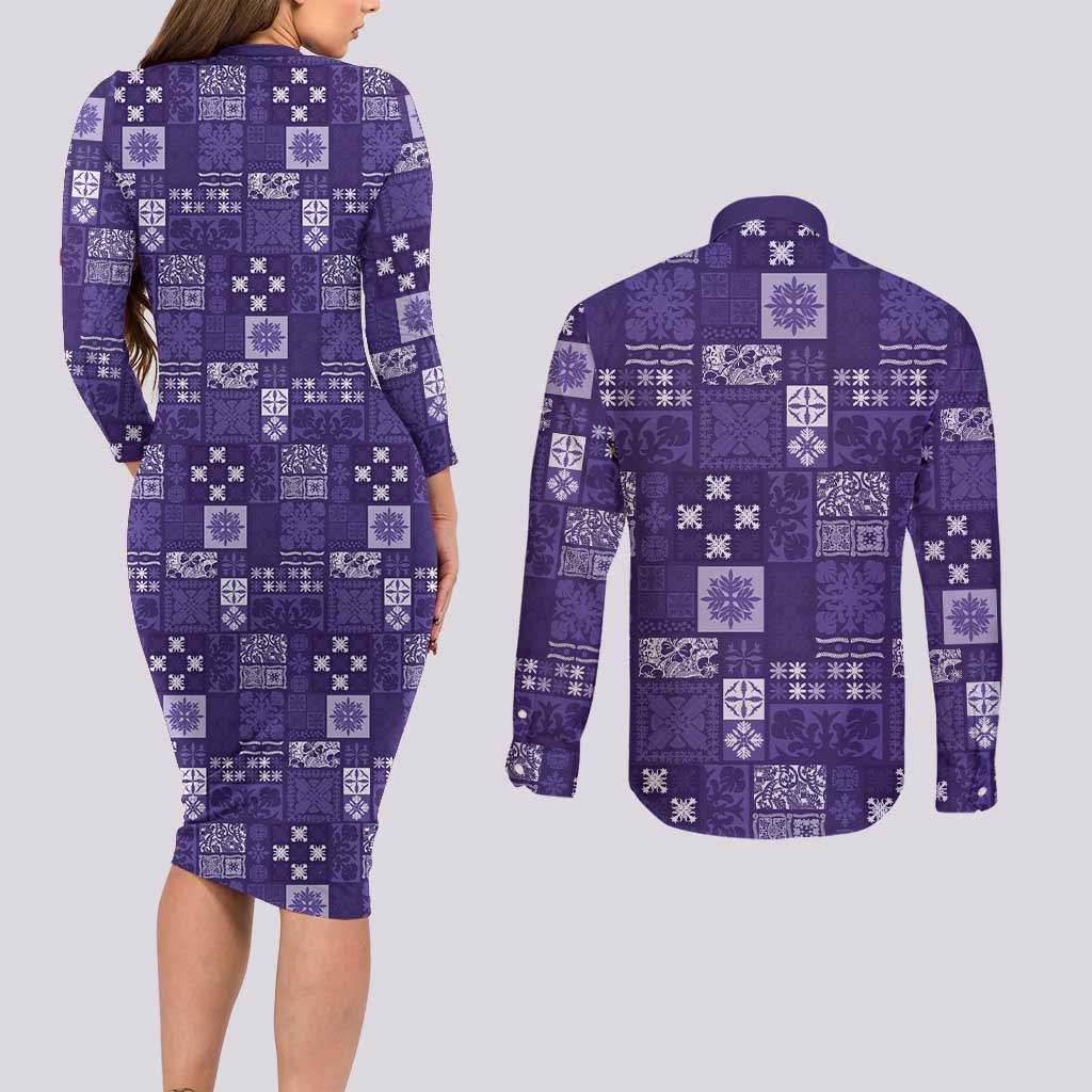 Vintage Hawaiian Quilting Patterns Couples Matching Long Sleeve Bodycon Dress and Long Sleeve Button Shirt Purple Style Tribal Fabric Patchwork - Polynesian Pride