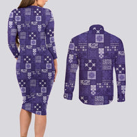 Vintage Hawaiian Quilting Patterns Couples Matching Long Sleeve Bodycon Dress and Long Sleeve Button Shirt Purple Style Tribal Fabric Patchwork - Polynesian Pride
