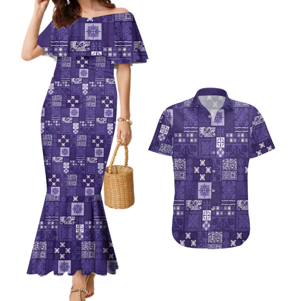 Vintage Hawaiian Quilting Patterns Couples Matching Mermaid Dress and Hawaiian Shirt Purple Style Tribal Fabric Patchwork - Polynesian Pride