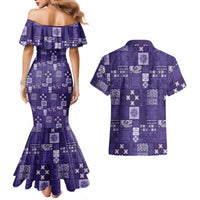 Vintage Hawaiian Quilting Patterns Couples Matching Mermaid Dress and Hawaiian Shirt Purple Style Tribal Fabric Patchwork - Polynesian Pride