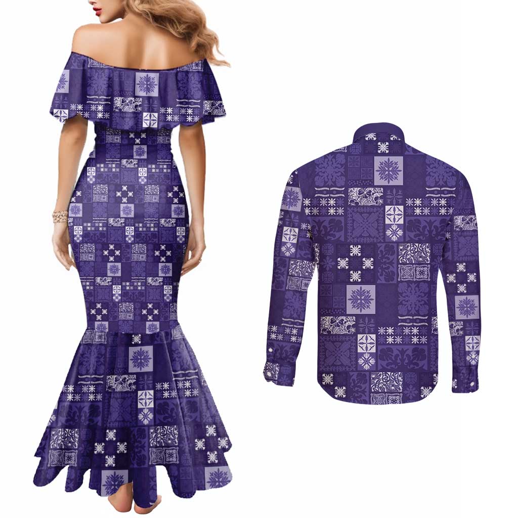 Vintage Hawaiian Quilting Patterns Couples Matching Mermaid Dress and Long Sleeve Button Shirt Purple Style Tribal Fabric Patchwork - Polynesian Pride