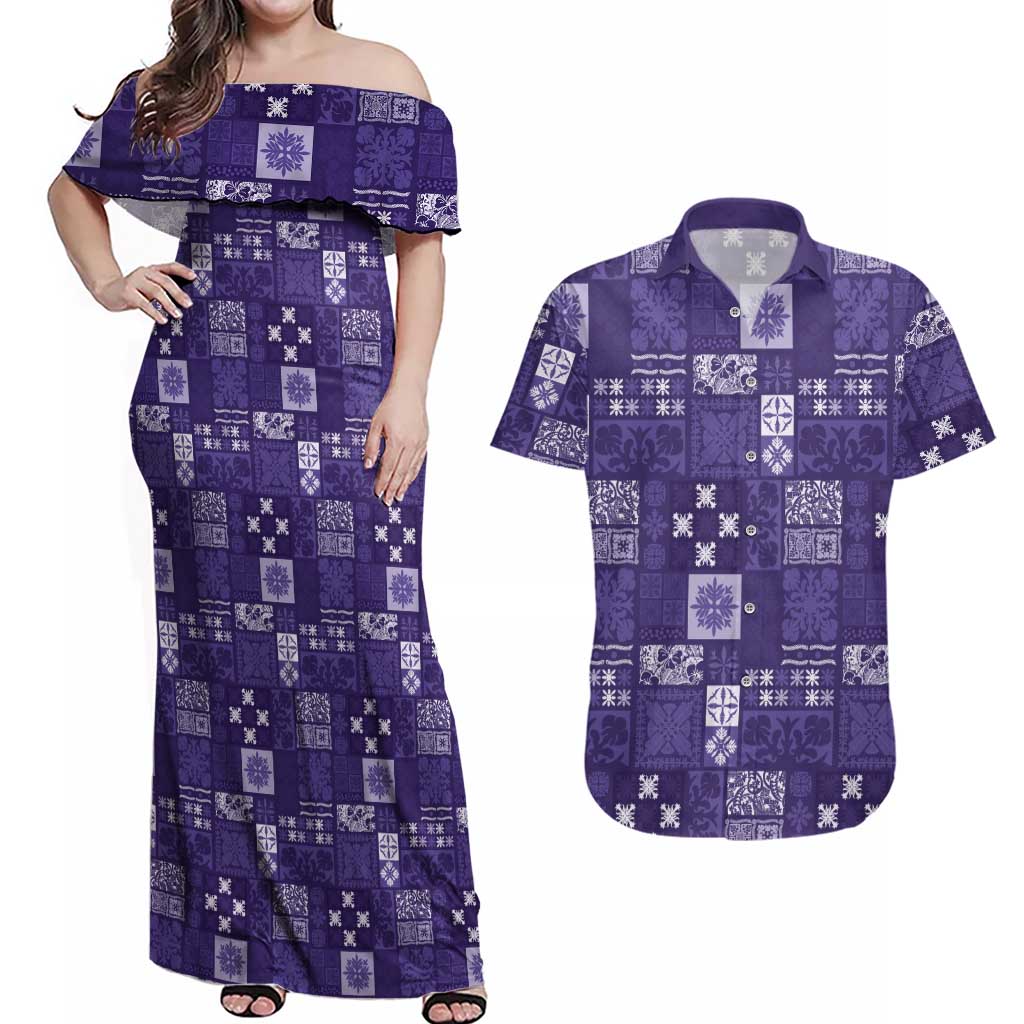 Vintage Hawaiian Quilting Patterns Couples Matching Off Shoulder Maxi Dress and Hawaiian Shirt Purple Style Tribal Fabric Patchwork - Polynesian Pride