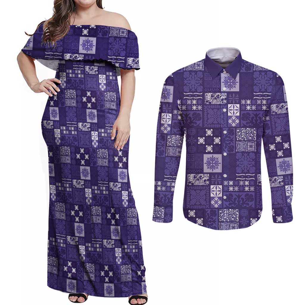 Vintage Hawaiian Quilting Patterns Couples Matching Off Shoulder Maxi Dress and Long Sleeve Button Shirt Purple Style Tribal Fabric Patchwork - Polynesian Pride