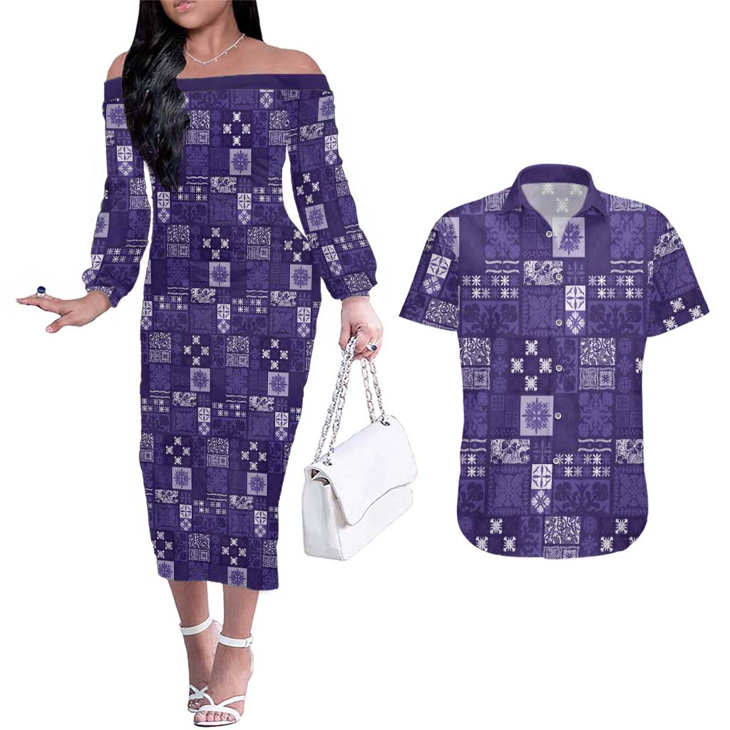 Vintage Hawaiian Quilting Patterns Couples Matching Off The Shoulder Long Sleeve Dress and Hawaiian Shirt Purple Style Tribal Fabric Patchwork LT9 Purple - Polynesian Pride