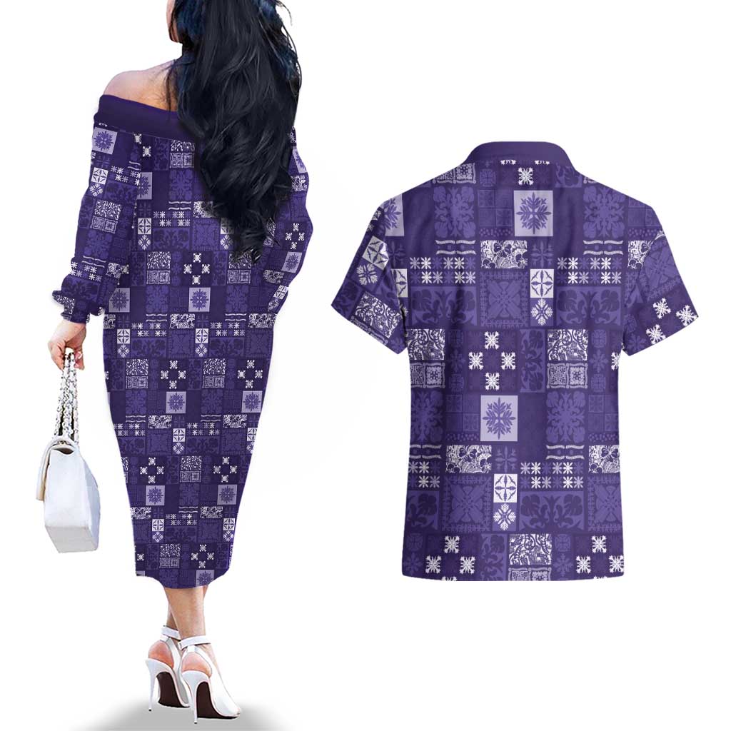 Vintage Hawaiian Quilting Patterns Couples Matching Off The Shoulder Long Sleeve Dress and Hawaiian Shirt Purple Style Tribal Fabric Patchwork LT9 - Polynesian Pride
