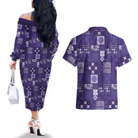 Vintage Hawaiian Quilting Patterns Couples Matching Off The Shoulder Long Sleeve Dress and Hawaiian Shirt Purple Style Tribal Fabric Patchwork LT9 - Polynesian Pride