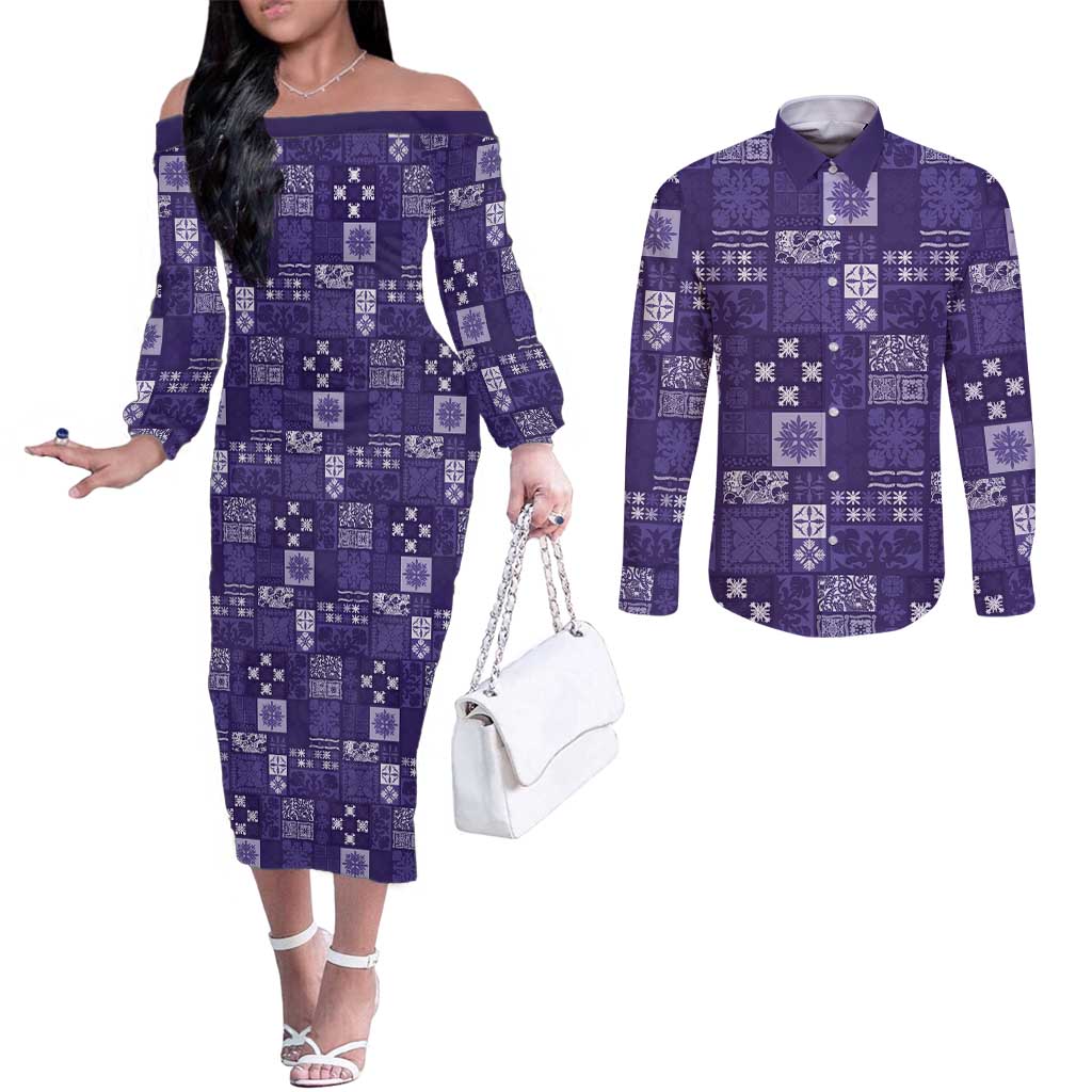 Vintage Hawaiian Quilting Patterns Couples Matching Off The Shoulder Long Sleeve Dress and Long Sleeve Button Shirt Purple Style Tribal Fabric Patchwork - Polynesian Pride