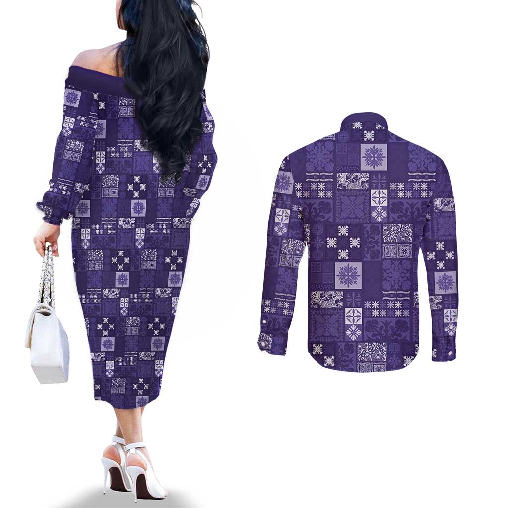 Vintage Hawaiian Quilting Patterns Couples Matching Off The Shoulder Long Sleeve Dress and Long Sleeve Button Shirt Purple Style Tribal Fabric Patchwork - Polynesian Pride