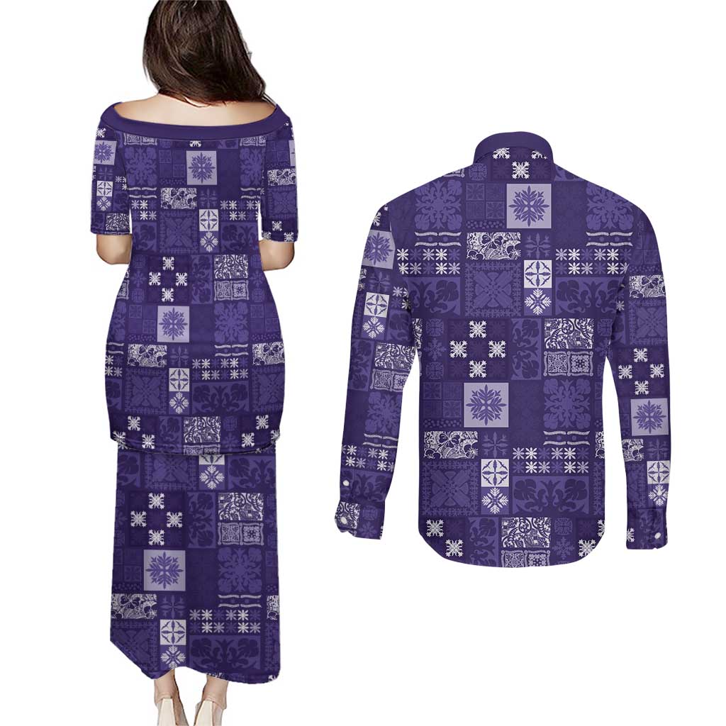 Vintage Hawaiian Quilting Patterns Couples Matching Puletasi and Long Sleeve Button Shirt Purple Style Tribal Fabric Patchwork - Polynesian Pride