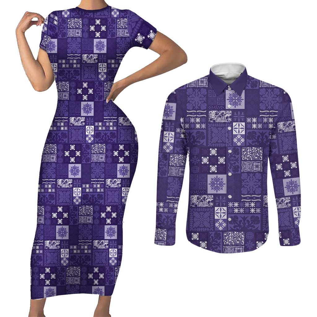 Vintage Hawaiian Quilting Patterns Couples Matching Short Sleeve Bodycon Dress and Long Sleeve Button Shirt Purple Style Tribal Fabric Patchwork - Polynesian Pride