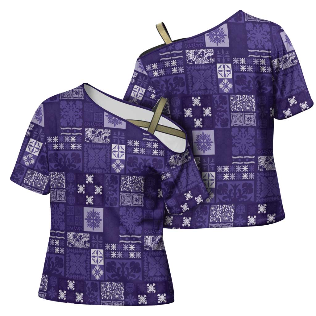 Vintage Hawaiian Quilting Patterns Cross Shoulder Shirt Purple Style Tribal Fabric Patchwork - Polynesian Pride