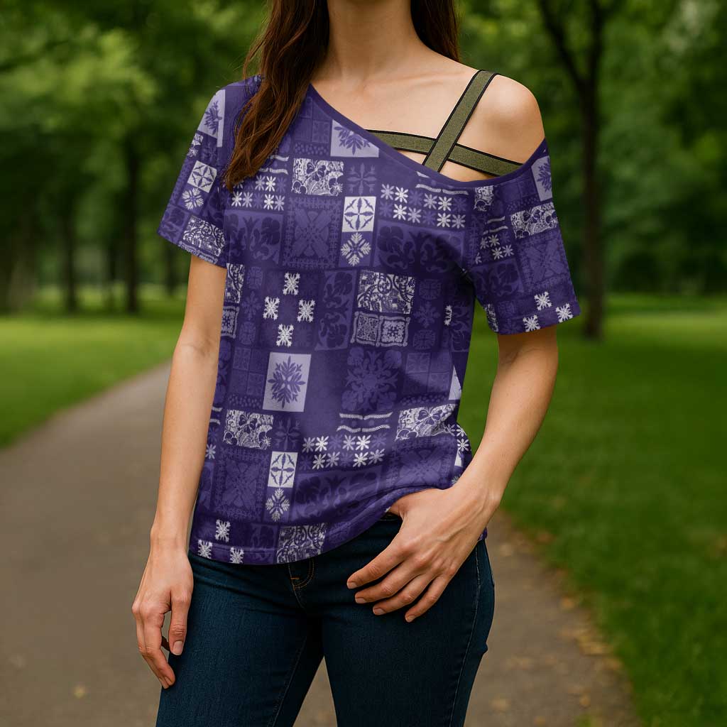 Vintage Hawaiian Quilting Patterns Cross Shoulder Shirt Purple Style Tribal Fabric Patchwork - Polynesian Pride