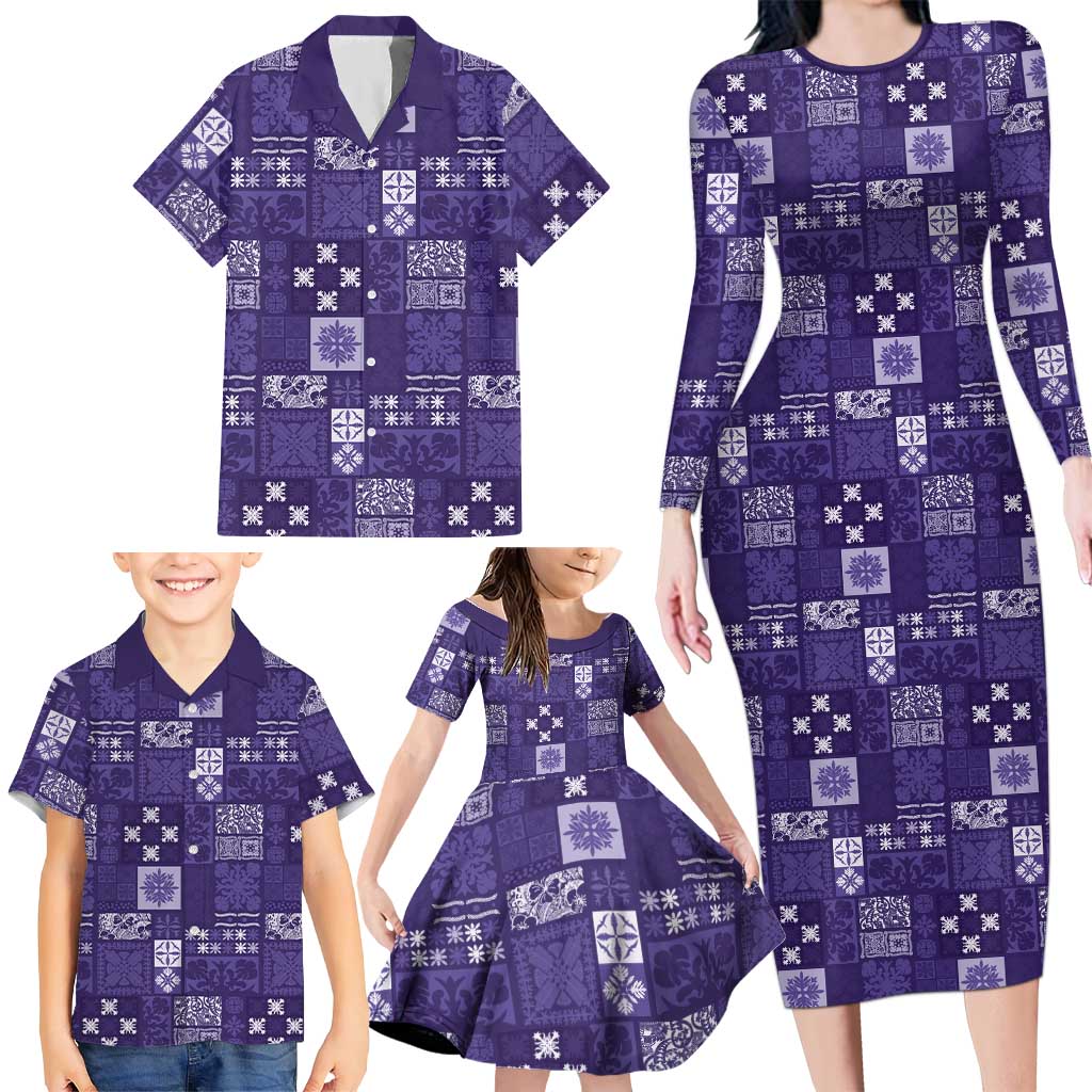 Vintage Hawaiian Quilting Patterns Family Matching Long Sleeve Bodycon Dress and Hawaiian Shirt Purple Style Tribal Fabric Patchwork LT9 - Polynesian Pride
