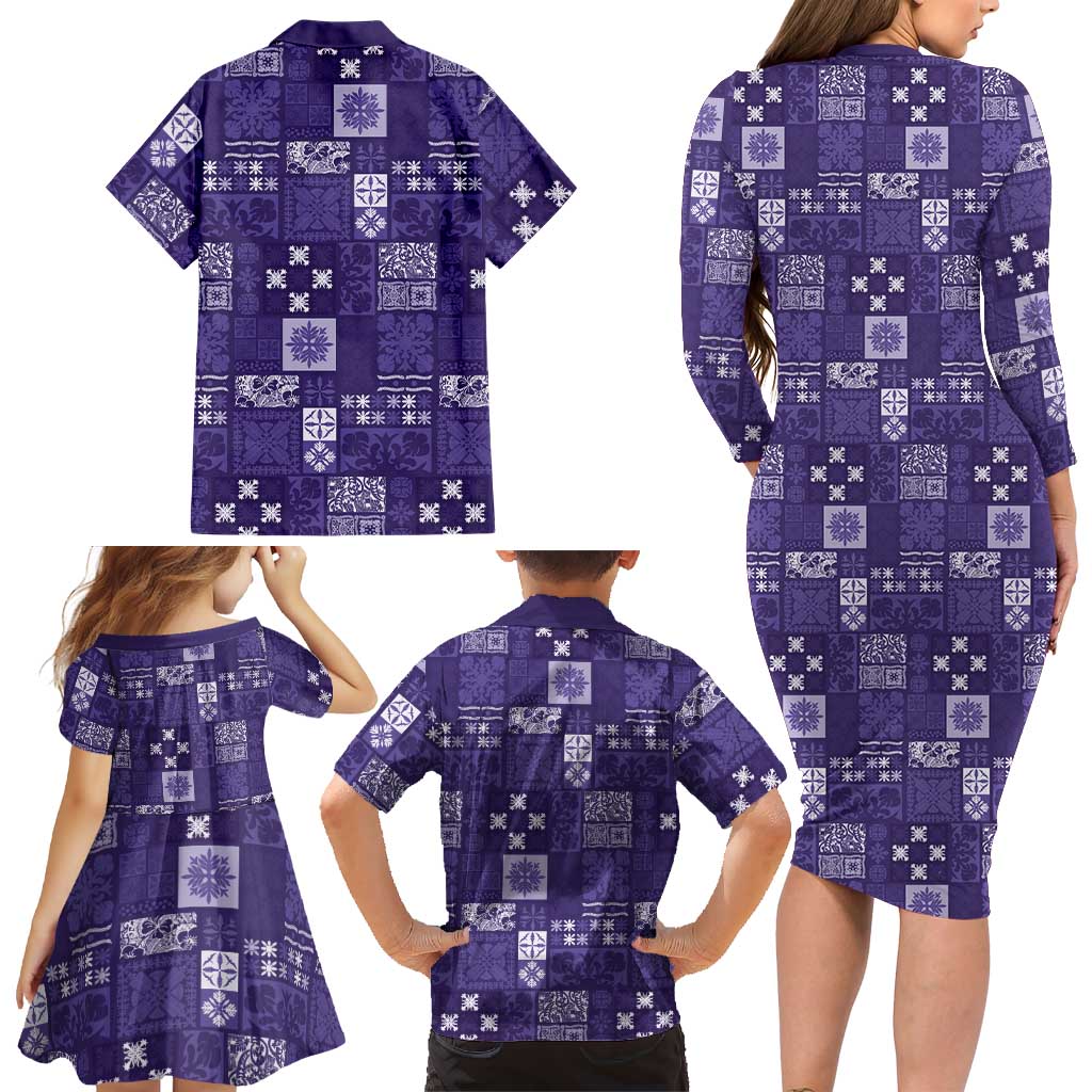 Vintage Hawaiian Quilting Patterns Family Matching Long Sleeve Bodycon Dress and Hawaiian Shirt Purple Style Tribal Fabric Patchwork LT9 - Polynesian Pride