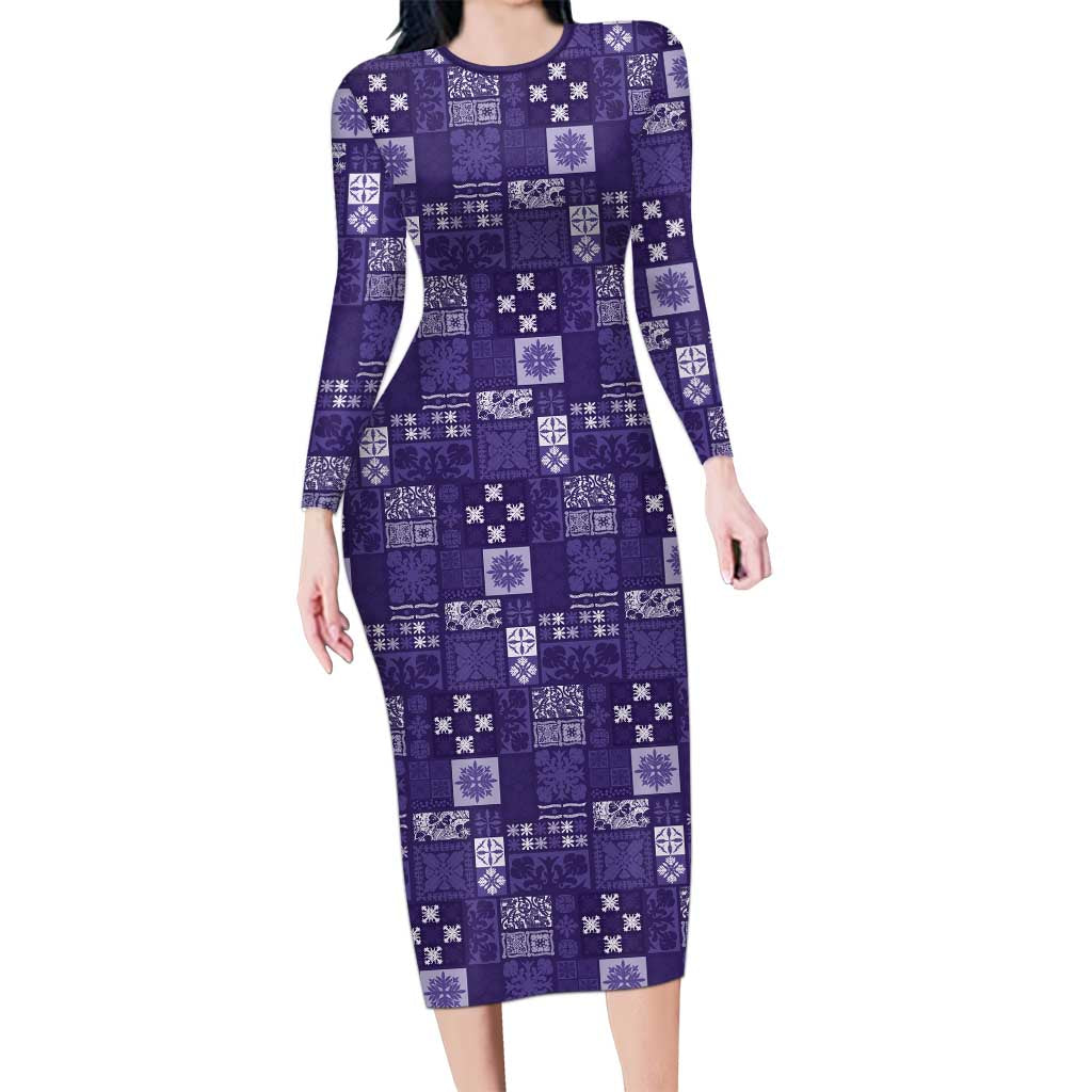 Vintage Hawaiian Quilting Patterns Family Matching Long Sleeve Bodycon Dress and Hawaiian Shirt Purple Style Tribal Fabric Patchwork LT9 Mom's Dress Purple - Polynesian Pride