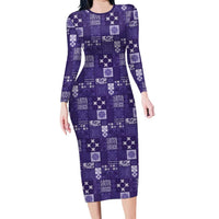 Vintage Hawaiian Quilting Patterns Family Matching Long Sleeve Bodycon Dress and Hawaiian Shirt Purple Style Tribal Fabric Patchwork LT9 Mom's Dress Purple - Polynesian Pride