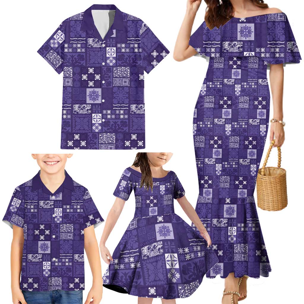 Vintage Hawaiian Quilting Patterns Family Matching Mermaid Dress and Hawaiian Shirt Purple Style Tribal Fabric Patchwork - Polynesian Pride