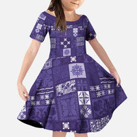 Vintage Hawaiian Quilting Patterns Family Matching Off The Shoulder Long Sleeve Dress and Hawaiian Shirt Purple Style Tribal Fabric Patchwork LT9 Daughter's Dress Purple - Polynesian Pride