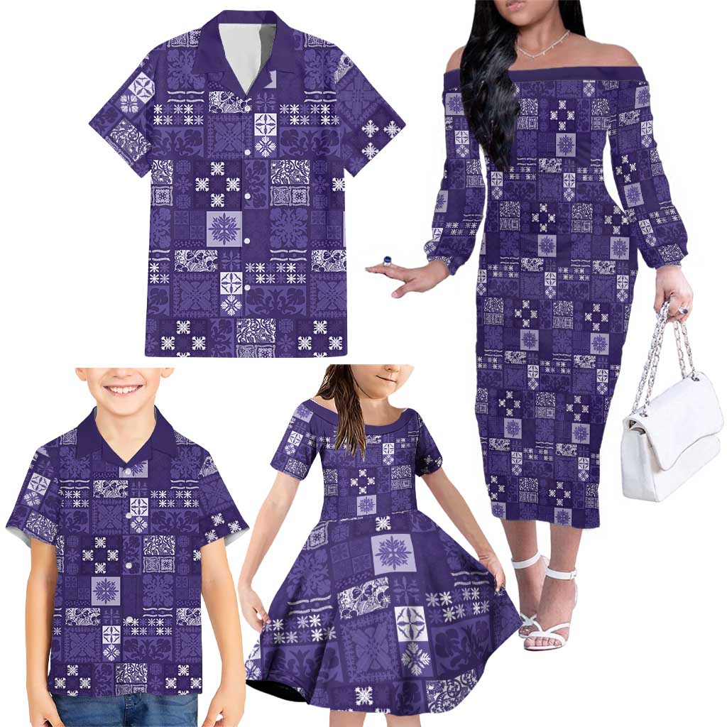 Vintage Hawaiian Quilting Patterns Family Matching Off The Shoulder Long Sleeve Dress and Hawaiian Shirt Purple Style Tribal Fabric Patchwork - Polynesian Pride