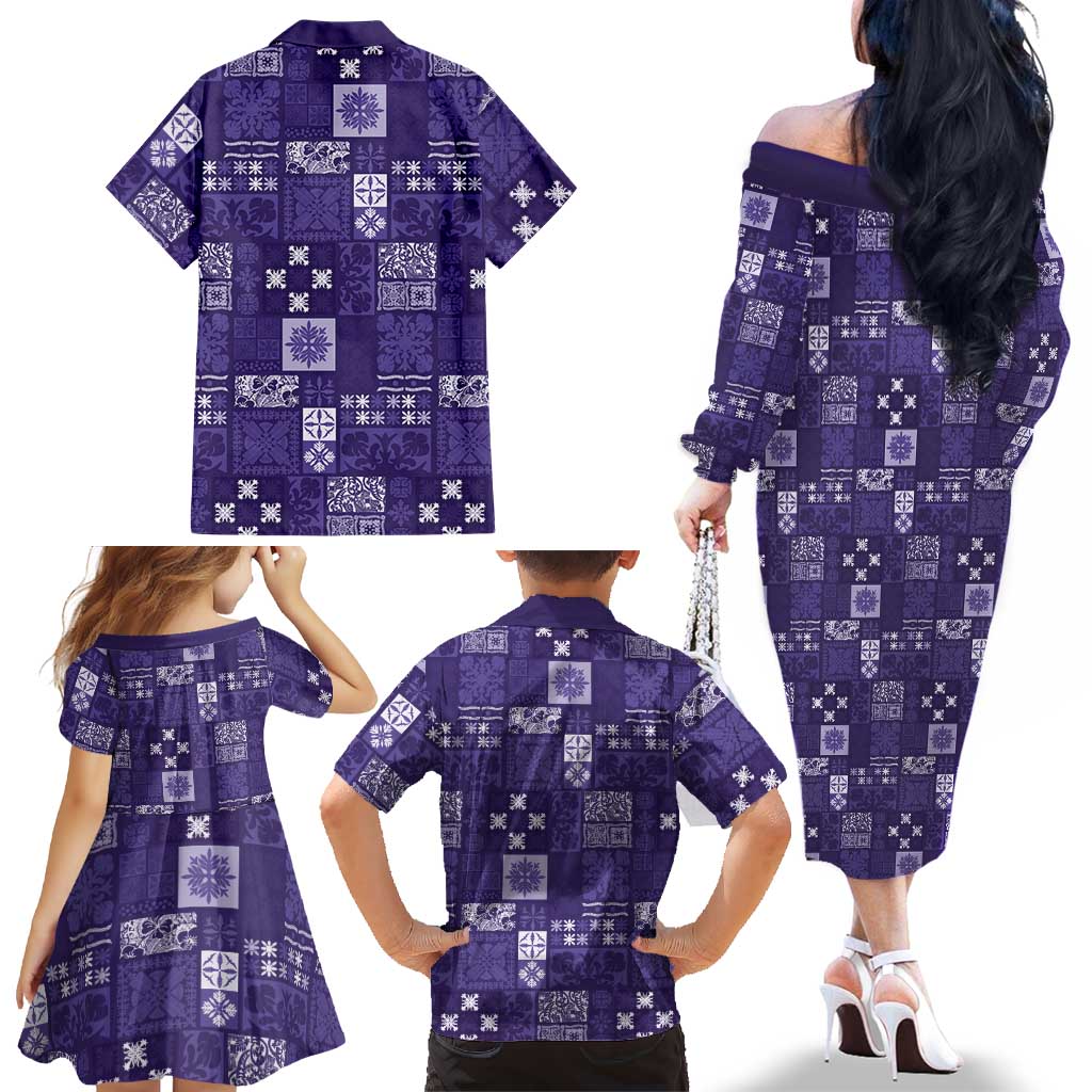 Vintage Hawaiian Quilting Patterns Family Matching Off The Shoulder Long Sleeve Dress and Hawaiian Shirt Purple Style Tribal Fabric Patchwork LT9 - Polynesian Pride