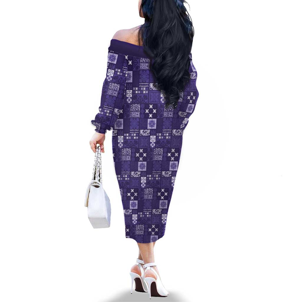 Vintage Hawaiian Quilting Patterns Family Matching Off The Shoulder Long Sleeve Dress and Hawaiian Shirt Purple Style Tribal Fabric Patchwork LT9 - Polynesian Pride