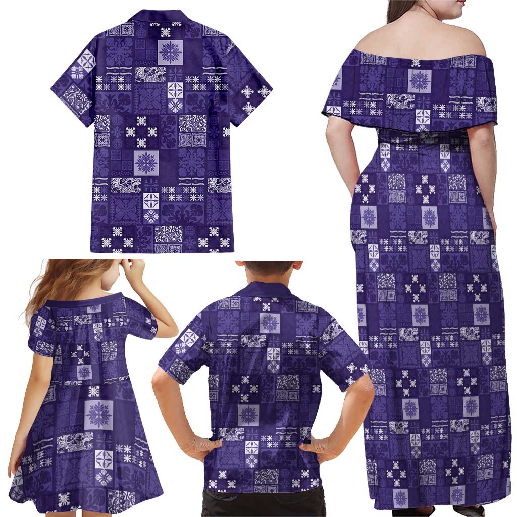 Vintage Hawaiian Quilting Patterns Family Matching Off Shoulder Maxi Dress and Hawaiian Shirt Purple Style Tribal Fabric Patchwork - Polynesian Pride