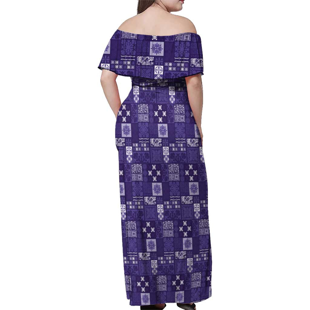 Vintage Hawaiian Quilting Patterns Family Matching Off Shoulder Maxi Dress and Hawaiian Shirt Purple Style Tribal Fabric Patchwork - Polynesian Pride