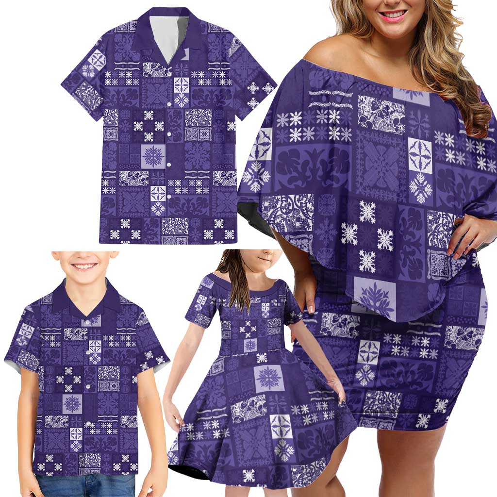Vintage Hawaiian Quilting Patterns Family Matching Off Shoulder Short Dress and Hawaiian Shirt Purple Style Tribal Fabric Patchwork - Polynesian Pride