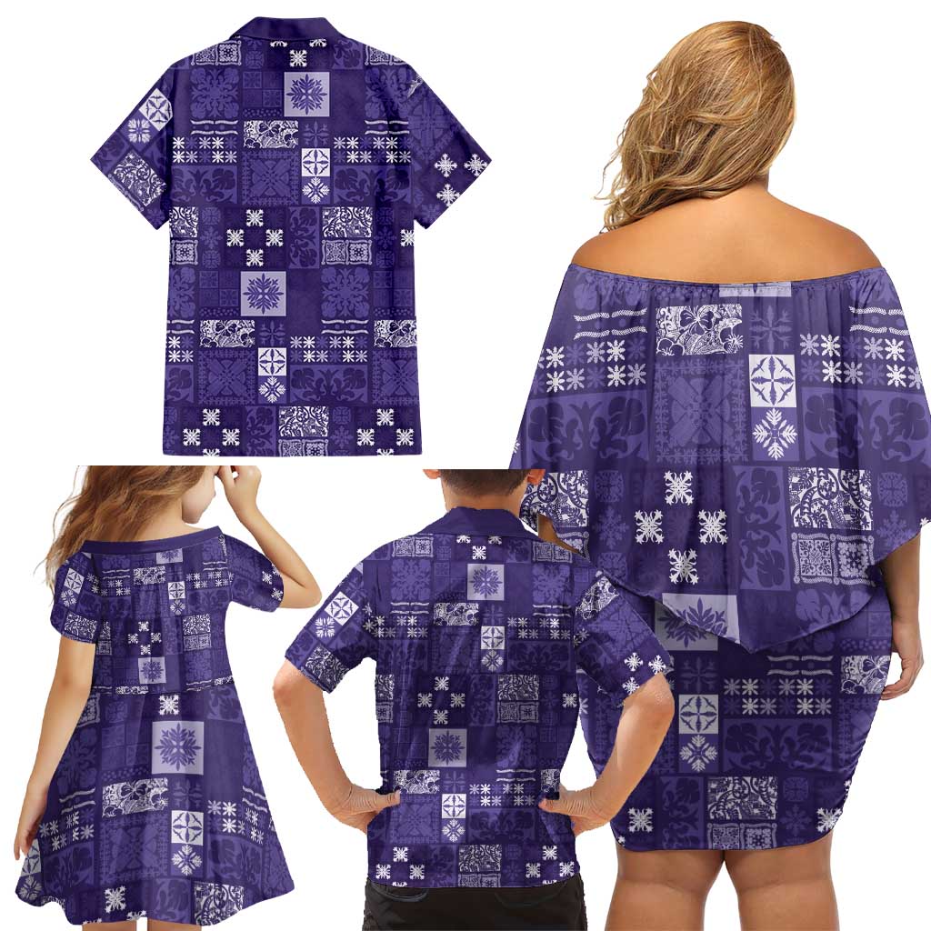 Vintage Hawaiian Quilting Patterns Family Matching Off Shoulder Short Dress and Hawaiian Shirt Purple Style Tribal Fabric Patchwork - Polynesian Pride