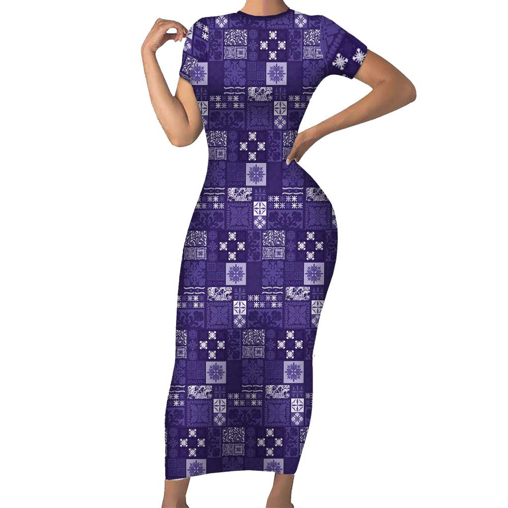 Vintage Hawaiian Quilting Patterns Family Matching Short Sleeve Bodycon Dress and Hawaiian Shirt Purple Style Tribal Fabric Patchwork LT9 Mom's Dress Purple - Polynesian Pride