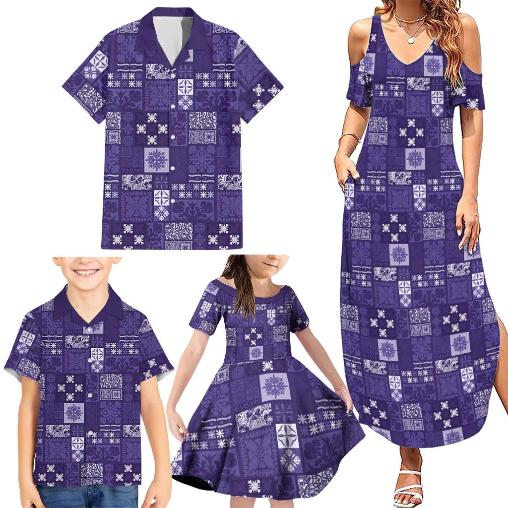 Vintage Hawaiian Quilting Patterns Family Matching Summer Maxi Dress and Hawaiian Shirt Purple Style Tribal Fabric Patchwork - Polynesian Pride