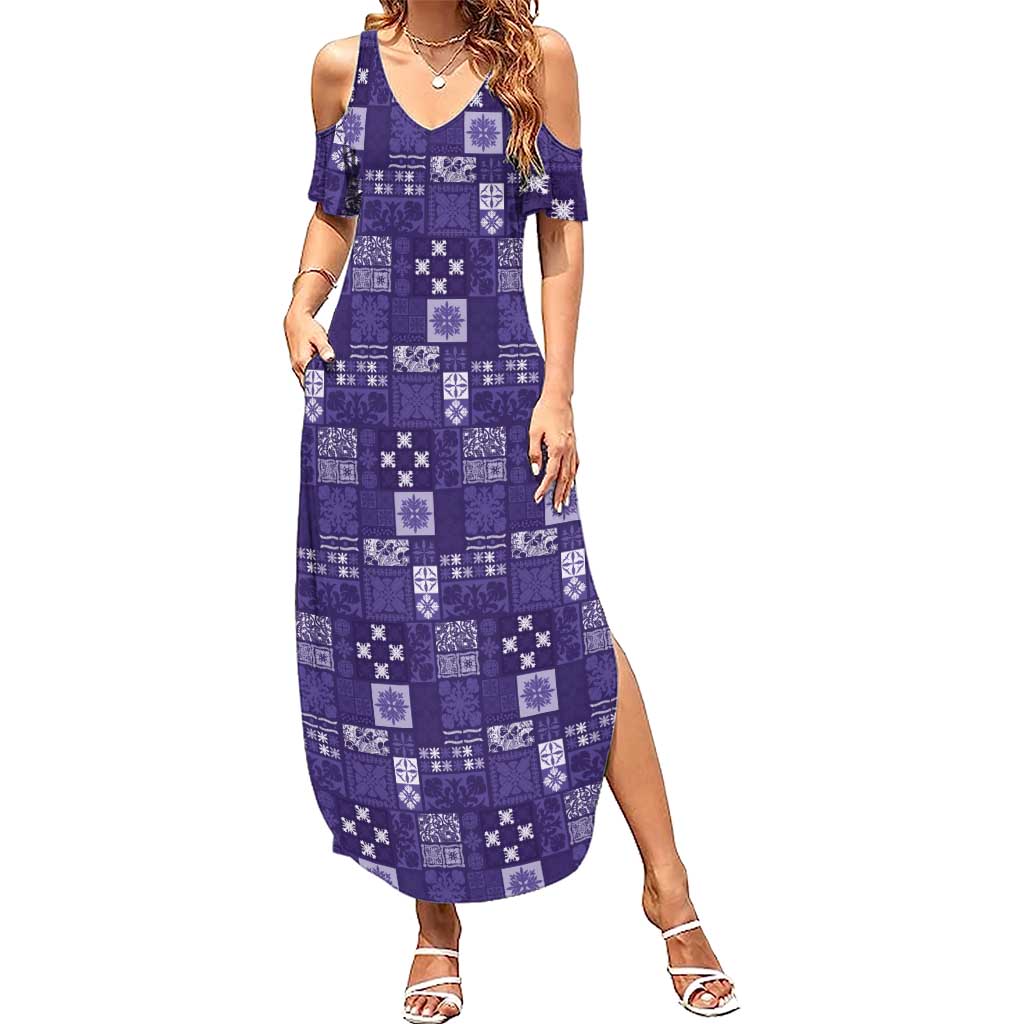 Vintage Hawaiian Quilting Patterns Family Matching Summer Maxi Dress and Hawaiian Shirt Purple Style Tribal Fabric Patchwork - Polynesian Pride