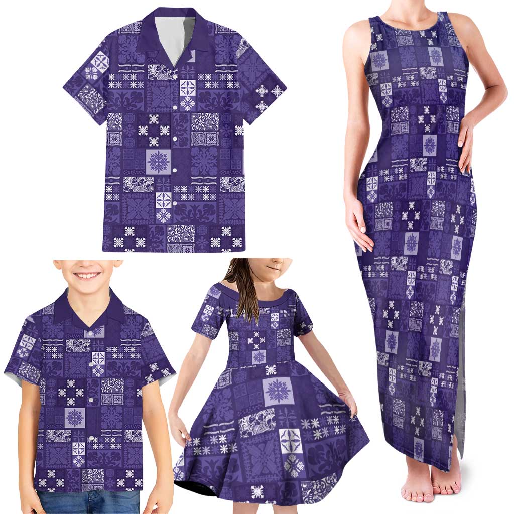 Vintage Hawaiian Quilting Patterns Family Matching Tank Maxi Dress and Hawaiian Shirt Purple Style Tribal Fabric Patchwork - Polynesian Pride