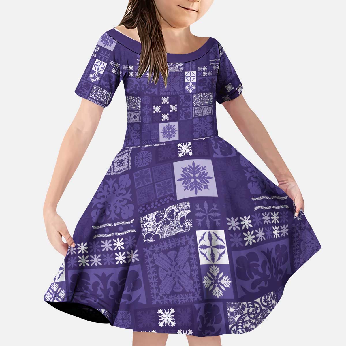 Vintage Hawaiian Quilting Patterns Kid Short Sleeve Dress Purple Style Tribal Fabric Patchwork - Polynesian Pride