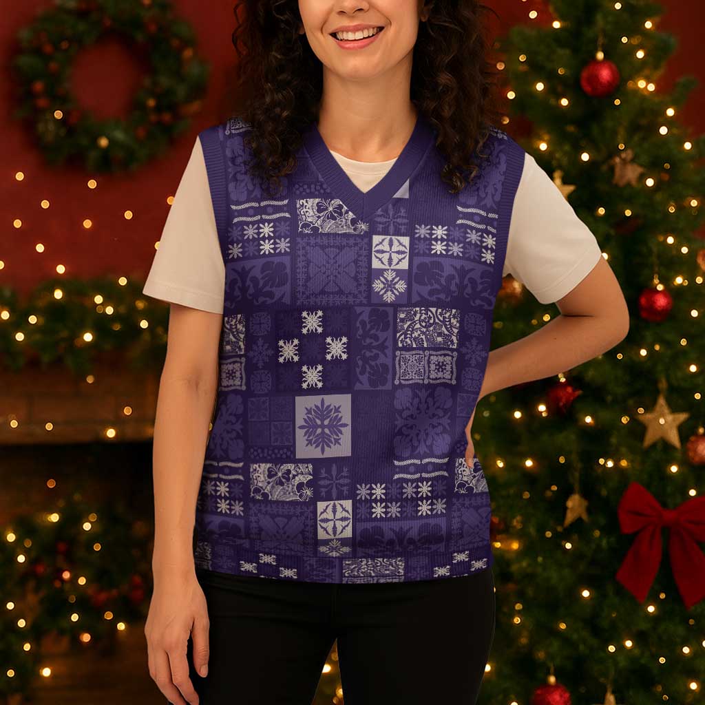 Vintage Hawaiian Quilting Patterns Christmas Knitted V-Neck Vest Purple Style Tribal Fabric Patchwork - Polynesian Pride